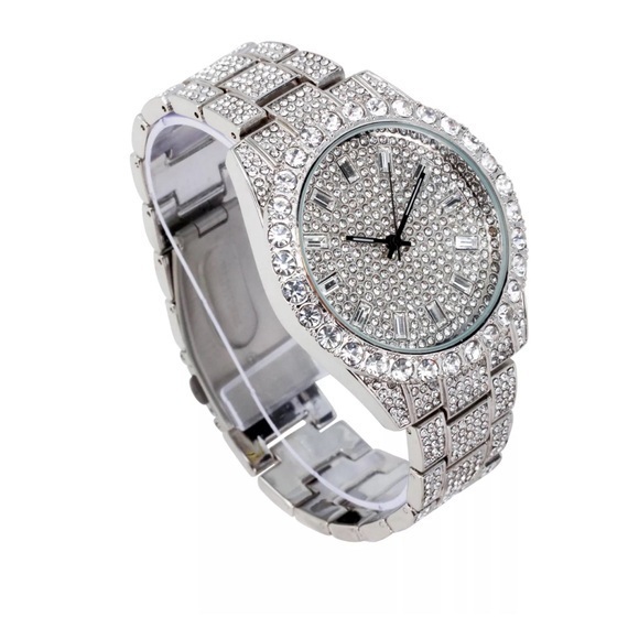 Mens Silver Hip Hop Iced Out Bezel Watch with Stones - Picture 3 of 6
